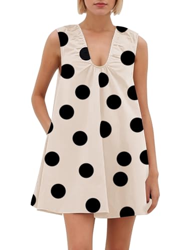 Image of OLAPTA Women Summer Sleeveless Babydoll Mini Tank Dresses Loose Fit Scoop Neck Ruched Short Dress with Pockets Party Clubwear
