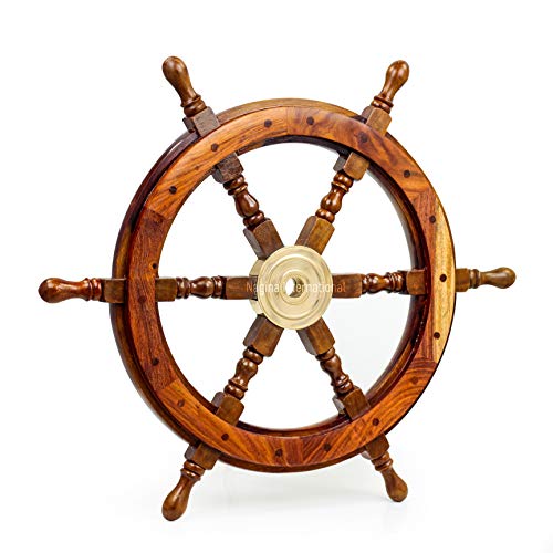 Image of Natural Wood Handcrafted Ship Wheel with Inlayed Brass Anchor and Rippets| Ocean Maritime Navy Decor | Nagina International (12 Inches)