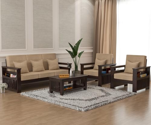 Image of Sheesham Wooden 5 Seater Sofa for Living Room | Rosewood 5 Seater Cushion Sofa Side Half Moon Rack | Solid Wood Sofa Set for Lounge (-3+1+1,Walnut)