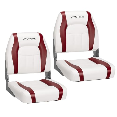 VIVOHOME Folding Low Back Boat Seats 2 Pack, Waterproof Boat Captain Chairs, 4 Mounting Screws Included, White and Red