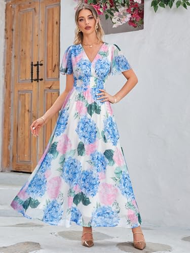 Image of Simplee Women's Boho Floral Maxi Dress Flowy Casual V Neck Short Sleeve Wedding Guest Holiday Beach Long Dress