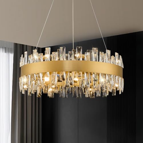 Image of AioTio Modern Crystal Chandelier, D23.6'' Brass Round K9 Crystal Gold Raindrop Chandelier for Dining Room, 12 Lights Luxury Ceiling Pendant Light Fixture for Living Room, Bedroom,Kitchen Island