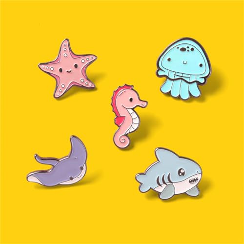 5PCs Ocean Series Animal Badges Brooch Marine Life Cartoon Badges Cute Pins Set Cartoon Sea Sharks Seahorses Starfish Brooch Pin for Children's Day Gift Clothes Backpack Denim Shirt Lapel Pins2