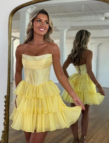 Sparkly Sequin Homecoming Dresses for Teens 2025 Strapless Ruffles Tiered Chiffon Corset A Line Short Prom Dress2