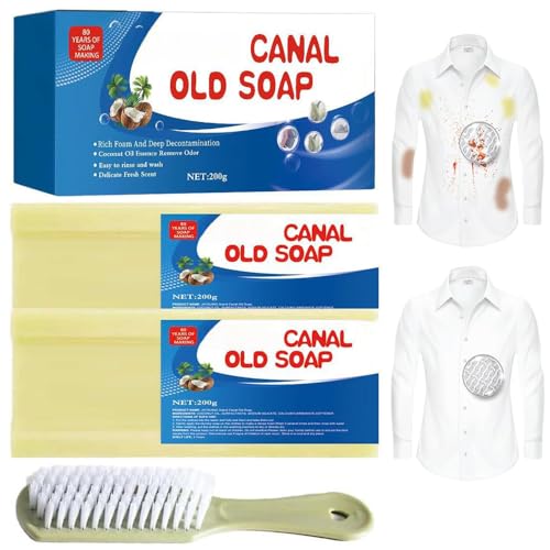 2 piezas Jabón Canal,Jabón viejo Canal con cepillo,Quitamanchas en barra de jabón mágico,Jabón para limpiar ropa interior, potente jabón limpiador para quitar manchas, suave y no daña las manos