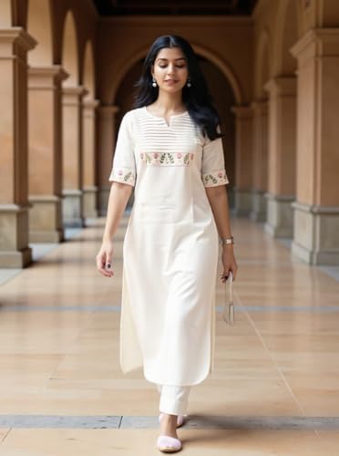 Image of eightone Women's White Cotton Straight Kurti with Floral Embroidery, Pin-Tuck Yoke, Casual Ethnic Wear