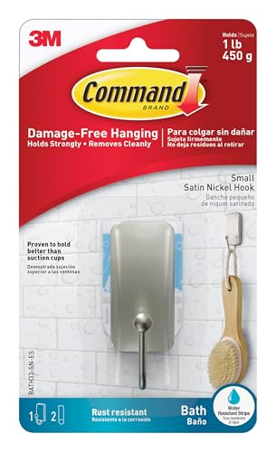 Command Small Bath Hook, Holds up to 1 lb, 1 Satin Nickel Shower Hook with 2 Water Resistant Strips, Damage-Free Bathroom Organization