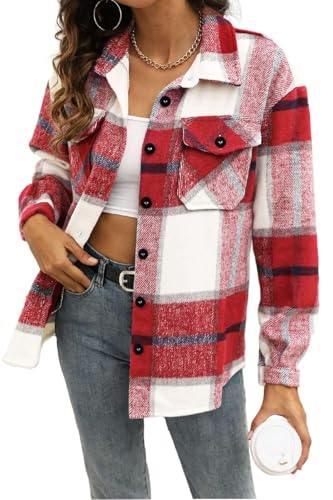 Trendy Queen Womens Flannel Shacket Casual Jacket Plaid Button Down Long Sleeve Shirt Fall Winter Outfits, Red, L