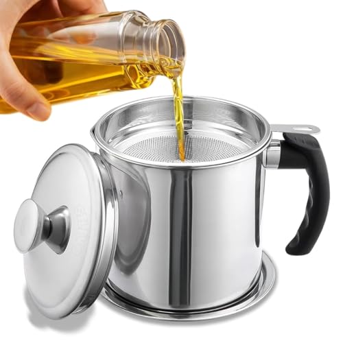 Image of Evelots Stainless Steel Filter Pot with Fine Mesh Strainer, Reusable Cooking Oil Storage Container with Lid and Handle, Kitchen Strainer Pot for Filtering and Reusing Frying (Style A)