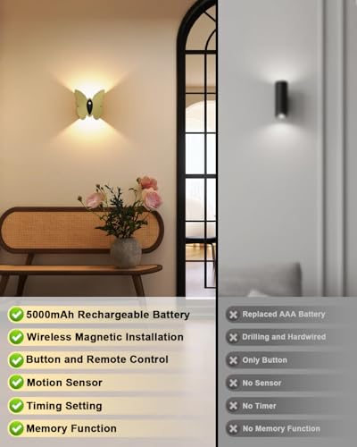 Image of Eneru Motion Sensor Wall Sconce Set of 2, Rechargeable Wall Lights, Indoor | 5000mAh Battery Operated Wall Sconces, Motion Activated, Magnetic Butterfly Night Light for Hallway Stair Closet Pantry, Gold