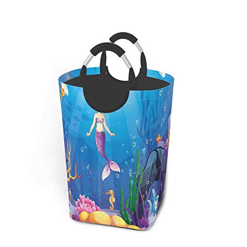 Wäschesack,Bunter Cartoon-Meerjungfrau-Fisch-Druck,Großer faltbarer Wäschekorb,zusammenklappbarer Wäschekorb,zusammenklappbarer