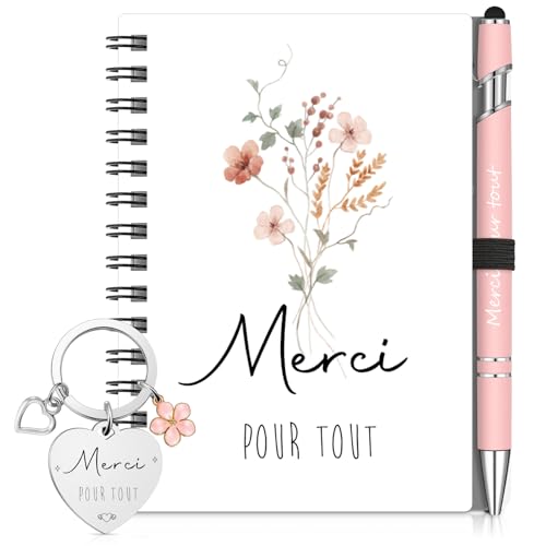 Sinmoe Cadeau Collegue de Travail Femme Remerciement Collegue Noël Set 3 Pièces avec Mini Carnet Spirale Stylo à Bille Porte-Clé Idéal Départ Retraite(Rose,Merci pour tout)