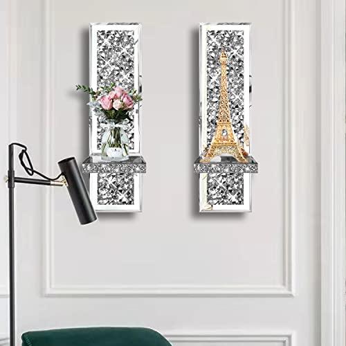 Zolapi Set Of 2 Crystal Crush Diamond Candle Sconces, Gorgeous Silver Mirrored Wall Sconce, Candle Holder Glass Wall Decorations For Home Décor, Living Room, Dining Room. #TOP4