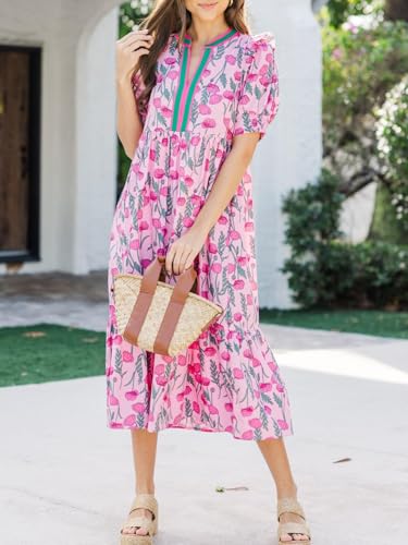 Womens Boho Floral Dresses 2025 Summer Casual Short Puff Sleeve Midi Dress V Neck Tiered Flowy Sundress2