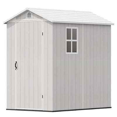 Devoko 4x6 FT Outdoor Storage Plastic Shed, Waterproof Resin Garden Shed with Lockable Door, Floor & Window, All-Weather Tool Shed for Backyard, Patio, Lawn, Poolside