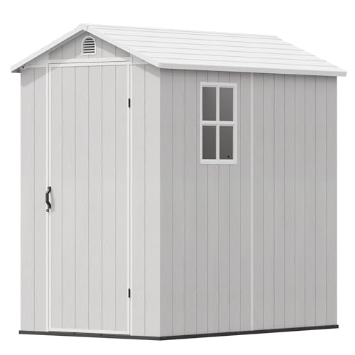 Image of Devoko 4x6 FT Resin Storage Sheds with Floor, Plastic Outdoor Tool Shed with Windows, Waterproof Outside Sheds and Lockable Doors for Backyard Lawn Garden, Light Gray