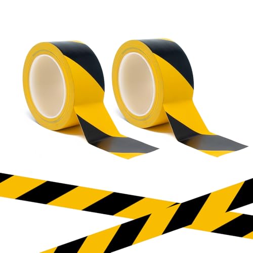 BigTree 2Pcs Black and Yellow Hazard Warning Tape 50mm x 33m Barrier Tape Outdoor Safety Caution Tape Strong Self Adhesive Waterproof Duct Tape Warehouse Zoning Delimit Marker Wear Resistant