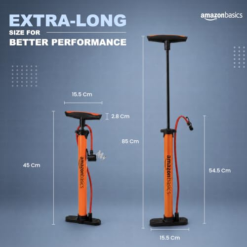 Image of Amazon Basics Portable High-Pressure Bicycle Air Pump | Includes Ball Needle & Air Nozzle | Ergonomic T-Handle | Hand Air Pump for Bicycles, Footballs, Sports Balls & Inflatables | Orange