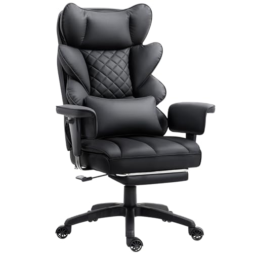 Dowinx Gaming Stuhl, Bürostuhl Ergonomisch mit Taschenfeder-Kissen, Chefsessel mit Doppellagige weiche Rückenlehne und verstellbare Lendenkissen, Armlehnen und Fußstütze(PU-Schwarz)
