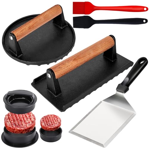 6PCS Burger Press Set for Blackstone - Round Smash Burger Press & Rectangle Cast Iron Grill Press with Wooden Handle, Stainless Steel Griddle Spatula, Hamburger Press and Basting Brush for Barbecue
