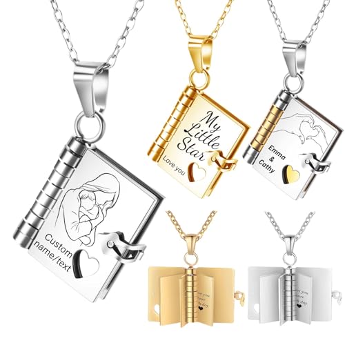 Custom Book Necklace,Personalized Mini Book Locket Necklace Engraved Name and Messages,Book Pendant with 6 Pages of Engraved Information,Openable Multi Layer Jewelr Memory Necklace for Daughter