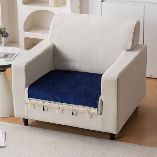 Image of HOKIPO 'Serenity Tassel' Chenille 1 Seater Sofa Cover with Tassel - Sapphire Navy (IN-890-NBL)