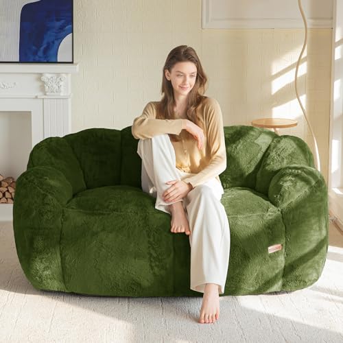 Image of MAXYOYO Bean Bag Chair for Adults, Loveseat Floral Shaped Bean Bag Sofa, Ultra Soft Love Seat Mini Sofa Couch, Faux Fur Reading Chair for Living Room Bedroom, Green