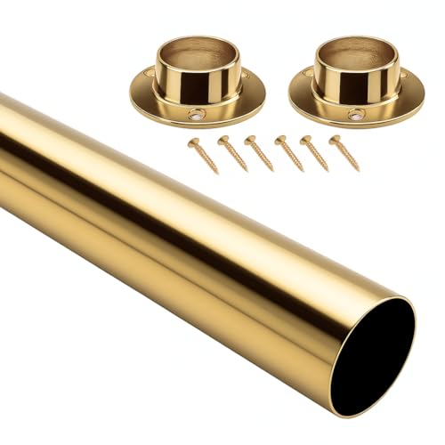 Round Wardrobe Rail 19mm 25mm Brass or Chrome Clothes Hanging Rail with End Sockets Strong Cut to Size for Wardrobes, Closets, Cupboards, Bedroom Storage (Brass Plated, 19mm x 500mm)