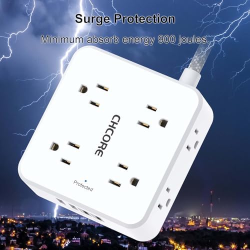 Surge Protector Power Strip - CHCORE 5Ft Braided Extension Cord with 8 Outlets with 4 USB (2 USB C) Charging Ports, Flat Plug Multi Plug Outlet Extender Charging Station for Home Office, ETL, White - View 8