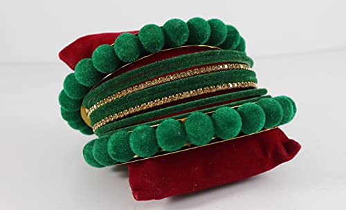 Image of NMII Stylish Metal with Golden Zircon Stone & Velvet Balls Bangles Set For Women and Girls | Fancy Designer Bangles | Short Velvet Chuda Set | Women's Fashion Jewellery