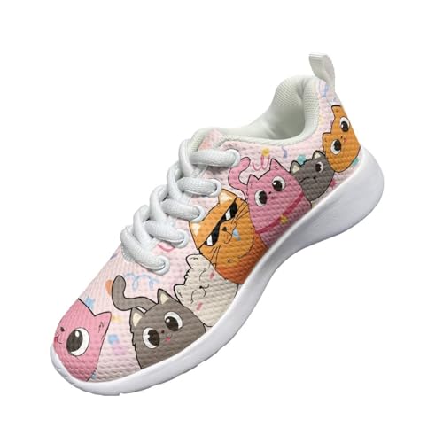 Girl's Mesh Sports Shoes Lightweight Running Tennis Shoes Funny Cat Pattern Sneakers Non Slip Comfortable Breathable Lace Up Casual Walking Shoes for Primary School Students White US 1