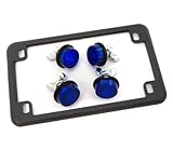 Matte Black Metal Motorcycle License Plate Frame with 4 Blue Reflector Bolts Set