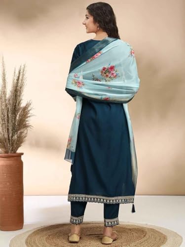 Image of Girls A-line Silk Embroidered Kurta and Pant Set with Dupatta for festive wedding and casual wear