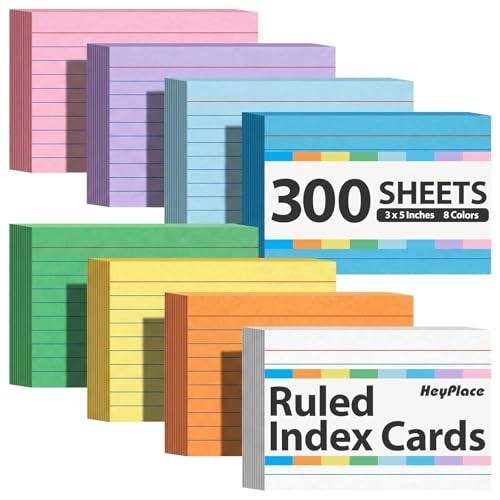 HEYPLACE 300Count Colored Index Cards 3x5, Ruled & Blank Flash Cards 8 Color Portable Note Taking, School Supplies for Students, Teachers, College, Study Organizing Notes