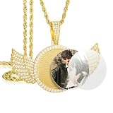 YIMERAIRE Personalized Photo Necklace Custom Picture Memory Pendant with Picture Angel Wings Round Medallion Customized Necklace with Photo Hip Hop Jewelry 20in Gold Rope Chain