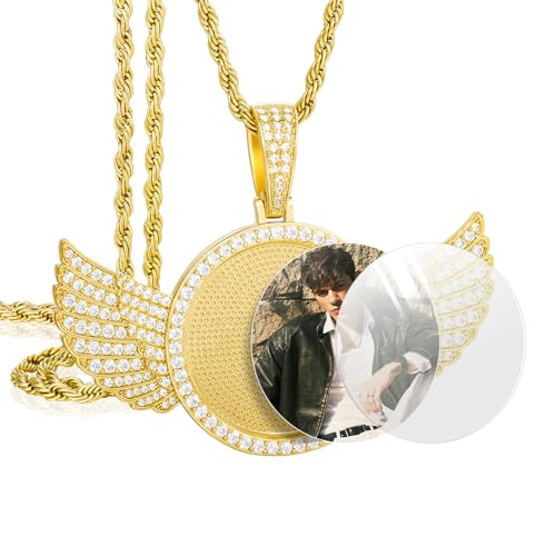 YIMERAIRE 18K Gold Plated Personalized Photo Necklace Custom Picture Memory Pendant with Picture Angel Wings Round Medallion Customized Necklace with Photo Hip Hop Jewelry 20in Gold Rope Chain