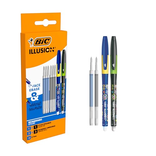 BIC Illusion Bolígrafos Borrables y Recargables de Punta Media y Recargas (0,7 mm) - Tinta Azul y Negra, Caja de 2 Bolis + 6 Recambios