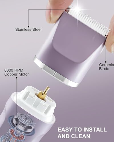 Image of 4-in-1 Women's Electric Body Hair Trimmer, Purple, Ceramic Blade, USB-C Rechargeable, with Nose Trimmer and Charging Dock