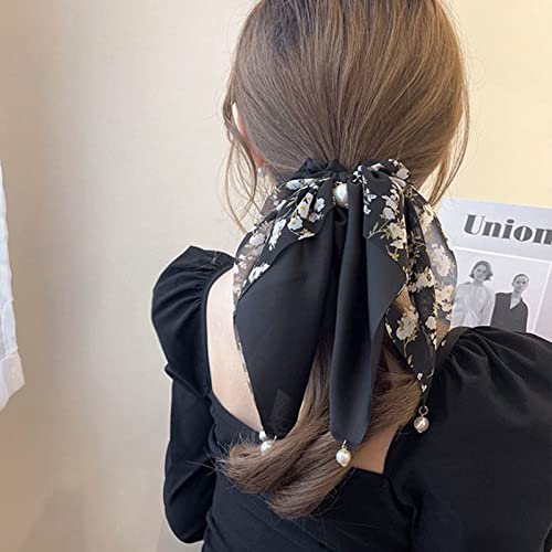 Black Floral Scarf Scrunchie-8.26In Long Tail Hair Bow With Pearl-1Pc Fabric Hair Accessory For Women And Girls-Bowknot Ponytail Holder-Bow Hair Bands Ties-Hair Bows For Women,Hair Scrunchies With Bow (Black) #TOP5