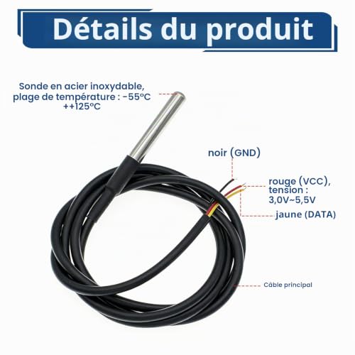2 Pièces Capteur Température pour DS18B20, Sonde pour DS18B20 Numérique Étanche 1 m, -20 à +80°C, Câble Waterproof 3 Fils, Compatible Arduino Raspberry Pi Microcontrôleurs pour Intérieures Extérieures – vue 3
