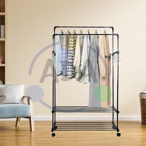 Image of ADA Premium Heavy Duty Dual Layer Metal Garment Rack with 2-Tier Clothes Rail, 10 Side Hooks, Freestanding Cloth Stand for Bedroom & Laundry Room - Black (84 x 30 x 155 cm)