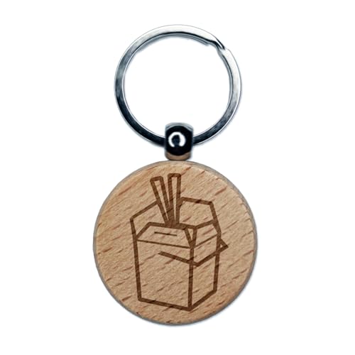 Chinese Food Take Out Away Doodle Engraved Wood Round Keychain
