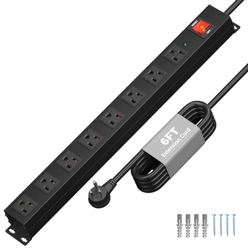 KF 8 Outlet Heavy Duty Power Strip Surge Protector, 2100J Surge Protection Metal Power Strip, 15A/1875W Mountable Power Strips with Upgraded Switch, 14AWG 6FT Extension Cord, Black