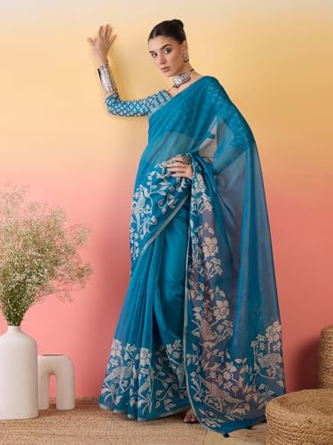 Image of AKHILAM Women's Cotton Printed Saree With Unstitched Blouse Piece