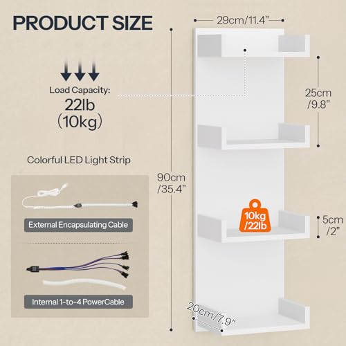 Image of HOOBRO Floating Wall Shelves with LED Lights, Floating Shelf Wall Mounted for Storage, Vertical Display Stand, Modern Column Rack, for Bedroom, Livingroom, 4-Tier, 35.4 Inches, White, WT41DBJ01