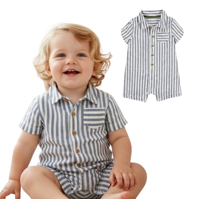 Image of A.T.U.N. (ALL THINGS UBER NICE) Baby Boys 100% Cotton Polo Romper | Soft Striped Fabric with Button Front Style & Collared Design | Comfortable One-Piece Kids Outfit