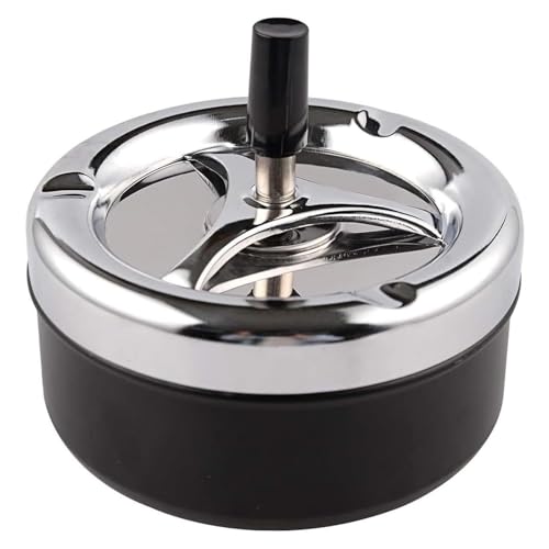 Posacenere girevole moderno con coperchio, posacenere da tavolo in metallo, posacenere a vento, 9,5 x 9 cm, nero/argento