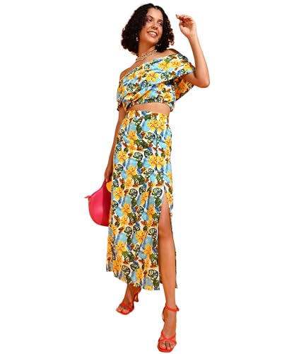 Image of POPWINGS Casual Bagru Printed Cotton Top and Skirt Set for Women || Pom Pom Top and Long Slit Skirt Set for Women || Two Piece Women Set for Summer