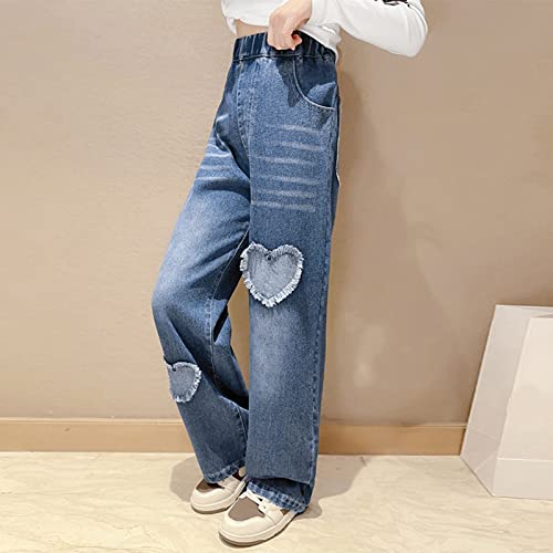 Kids Girl's Heart Ripped Jeans Elastic High Waist Wide Leg Jeans Children Baggy Pants Slit Denim Pants 2~12T4