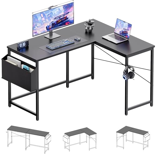 Image of Pamray 47 Inch Reversible L Shaped Gaming Desk Corner Computer Desk with Storage Bag Home Office Table for Writing Study Black